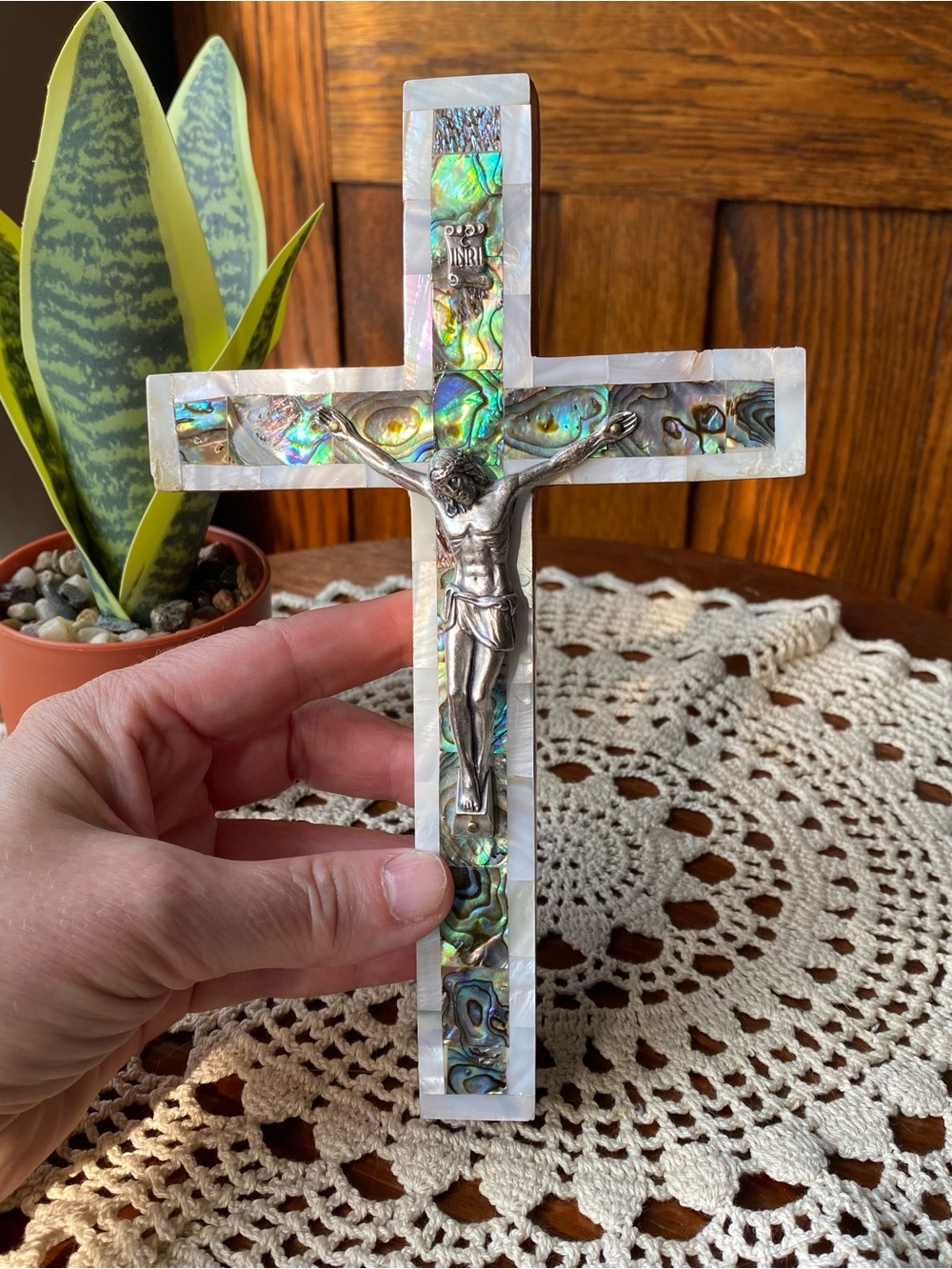 Mother of Pearl Abalone Inlay Crucifix Wall Cross - Olive Wood Jerusalem EUC